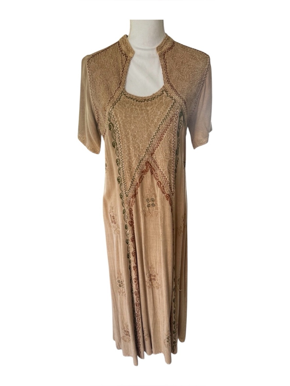 Geeta beige embroidered neutral rayon career school boho maxi dress